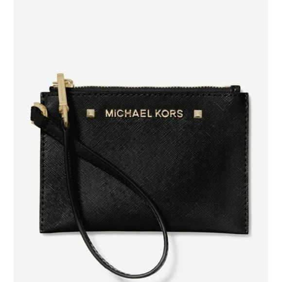New! MICHAEL KORS Karla Black Leather Small Wristlet With Strap Zip-Top - Picture 1 of 7